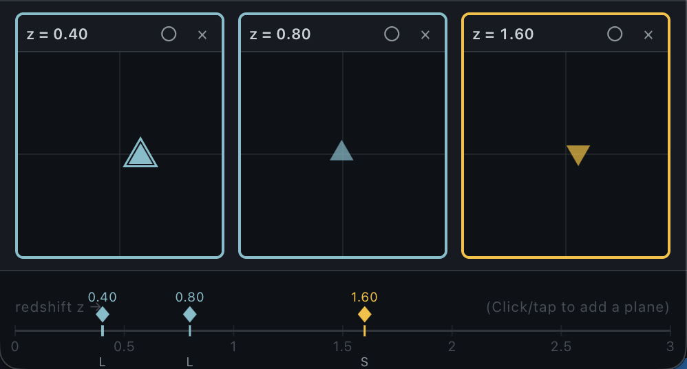 Redshift timeline showing two lens planes and a source plane as draggable markers.