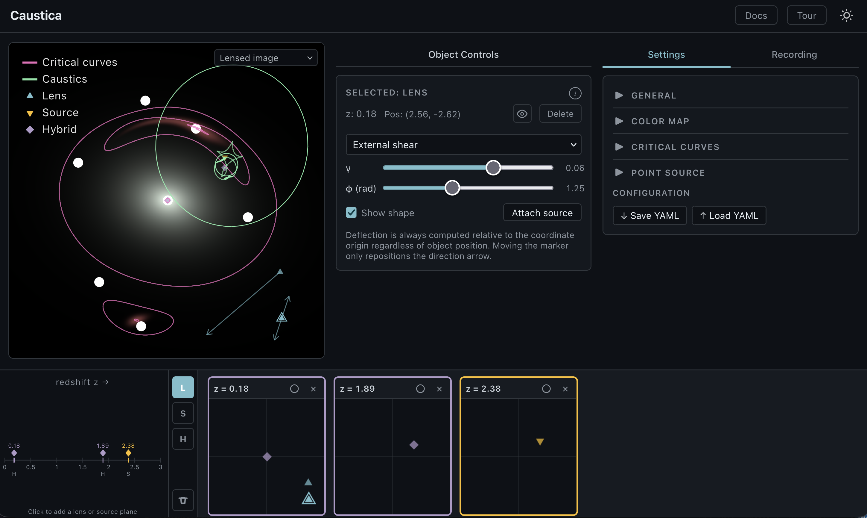 The Caustica interface: lensed-image panel, redshift axis, plane panels, and controls.