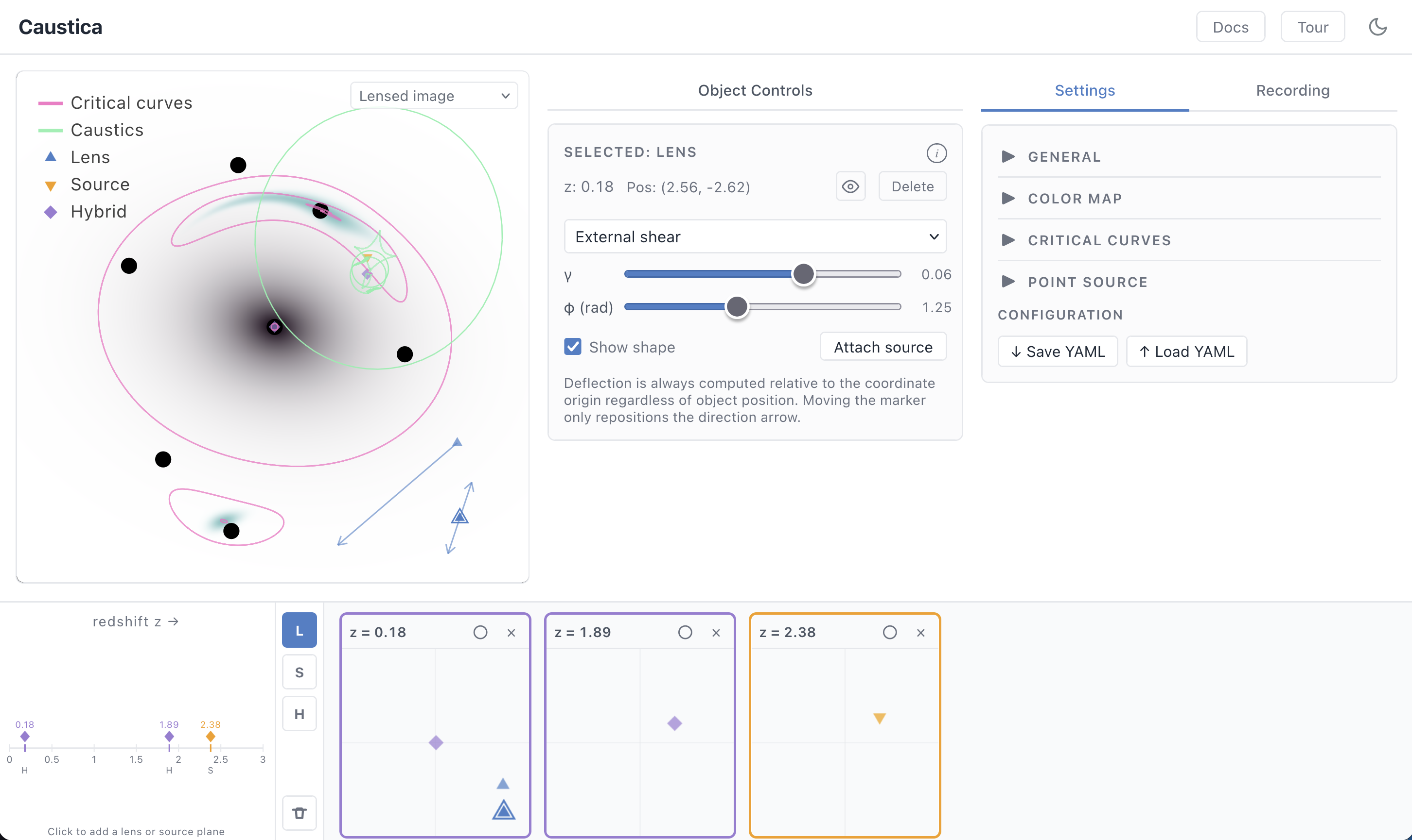 The Caustica interface: lensed-image panel, redshift axis, plane panels, and controls.